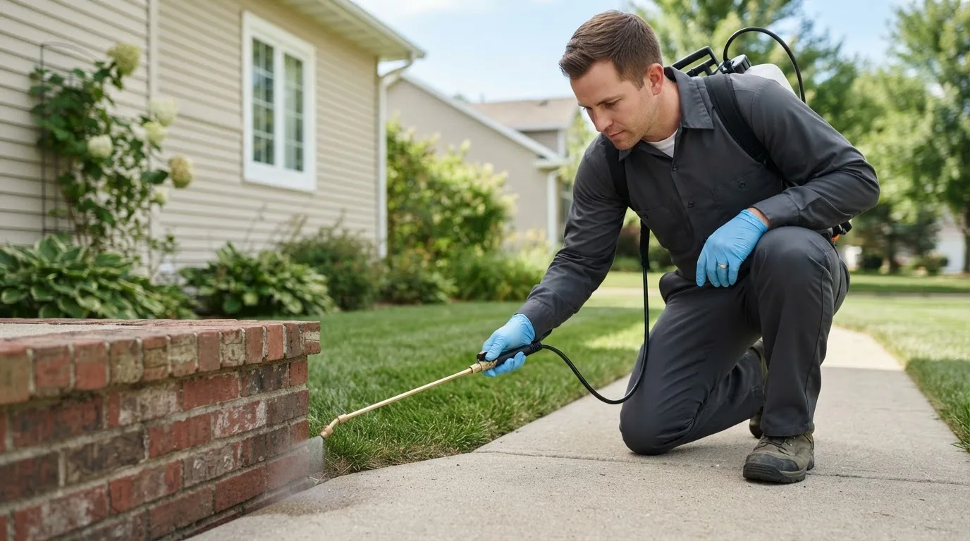 Pest control technician treating a home near Grovertown, IN